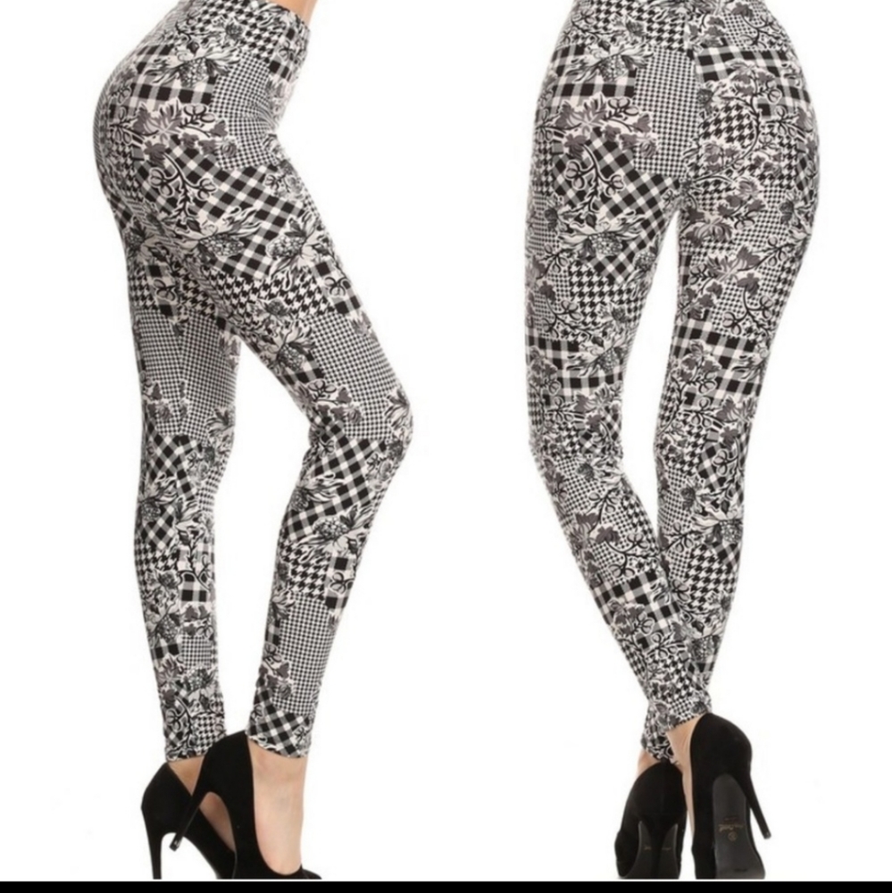 Buttery Soft High Waist Printed Leggings Houndstooth Floral